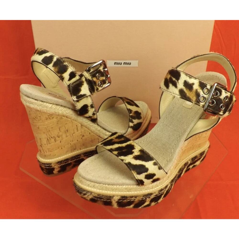NIB MIU MIU PRADA 5XZ090 LEOPARD PONY HAIR CORK WEDGE HIGH HEEL SANDALS PUMPS 39